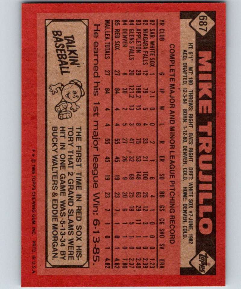 1986 Topps #687 Mike Trujillo Red Sox MLB Baseball Image 2