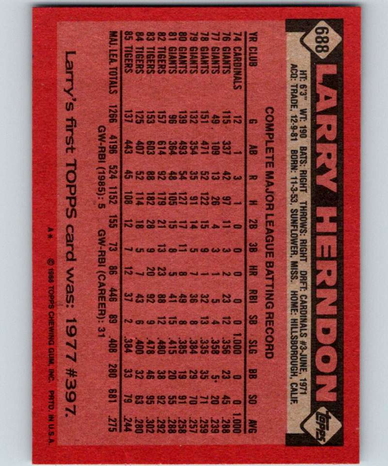 1986 Topps #688 Larry Herndon Tigers MLB Baseball Image 2