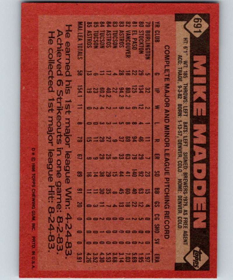 1986 Topps #691 Mike Madden Astros MLB Baseball Image 2