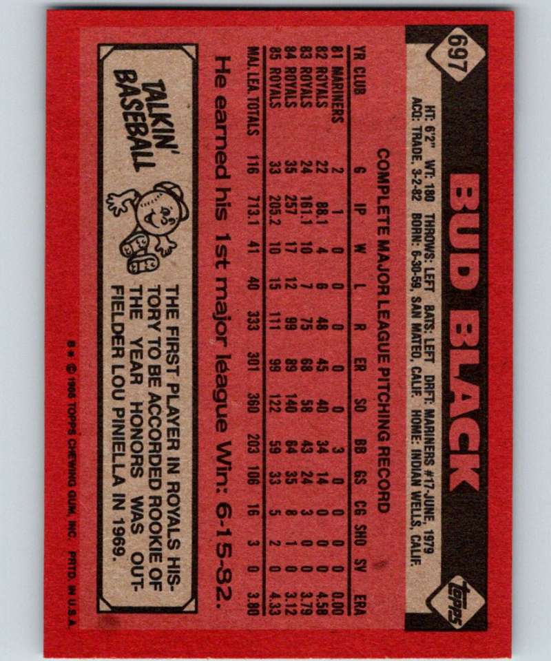 1986 Topps #697 Bud Black Royals MLB Baseball Image 2