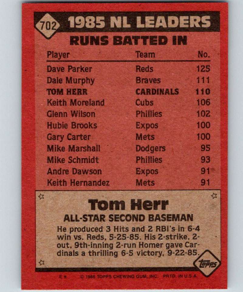 1986 Topps #702 Tom Herr Cardinals AS MLB Baseball Image 2