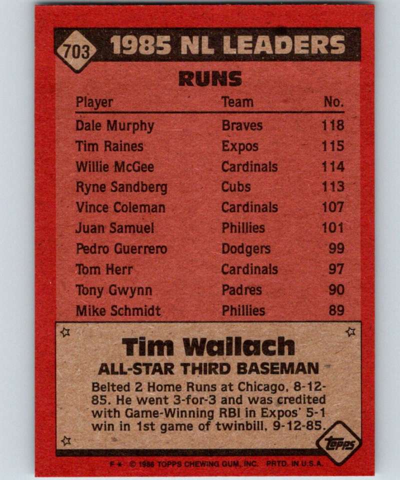 1986 Topps #703 Tim Wallach Expos AS MLB Baseball Image 2