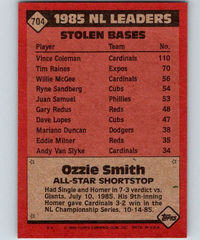 1986 Topps #704 Ozzie Smith Cardinals AS MLB Baseball Image 2