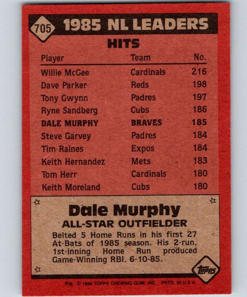 1986 Topps #705 Dale Murphy Braves AS MLB Baseball Image 2