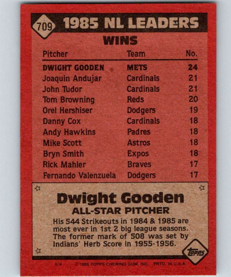 1986 Topps #709 Dwight Gooden Mets AS MLB Baseball Image 2