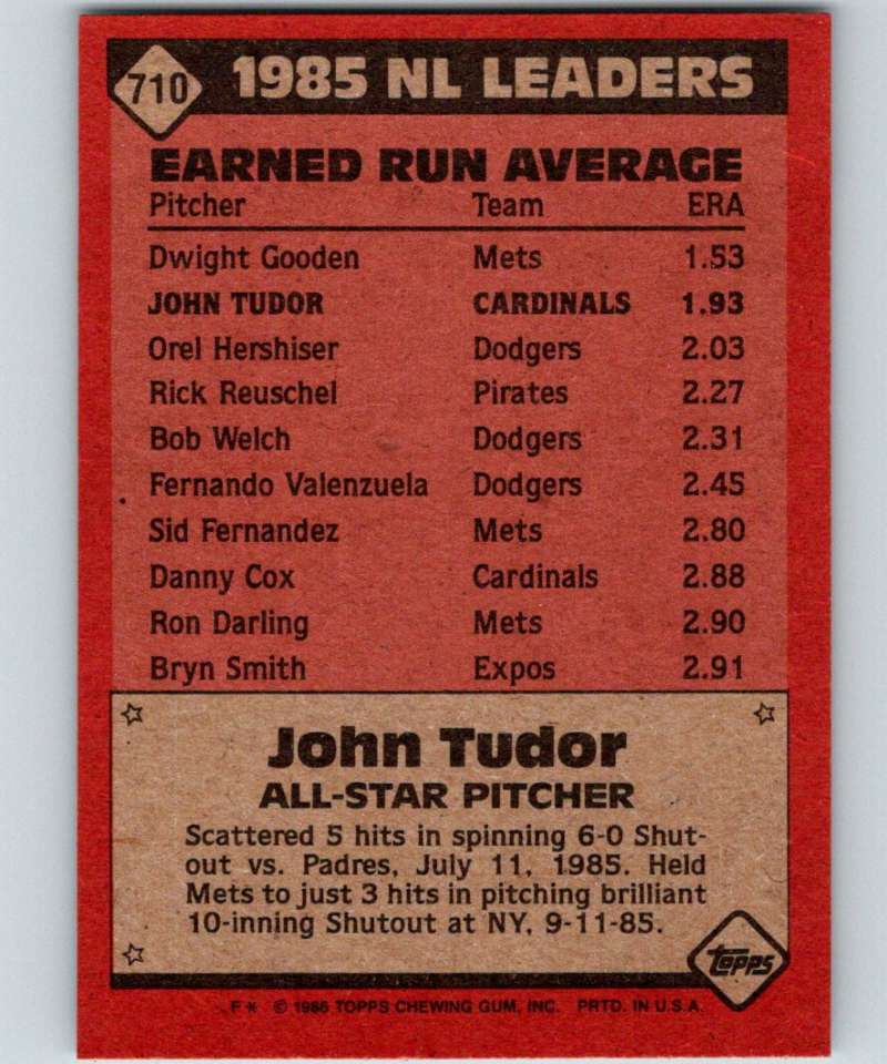1986 Topps #710 John Tudor Cardinals AS MLB Baseball Image 2