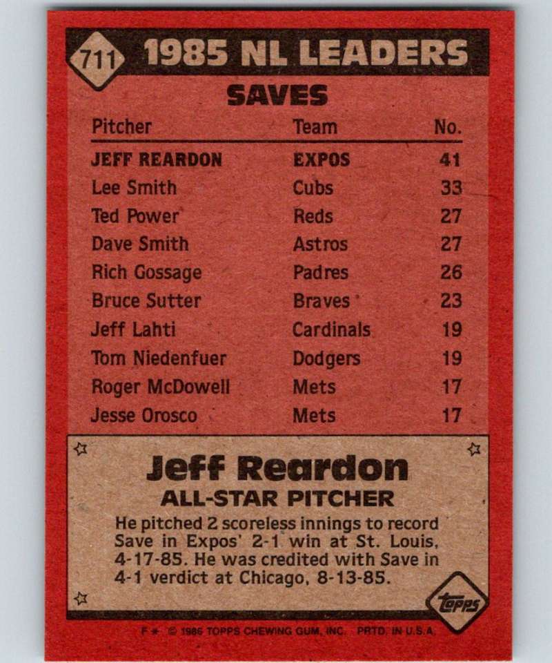 1986 Topps #711 Jeff Reardon Expos AS MLB Baseball