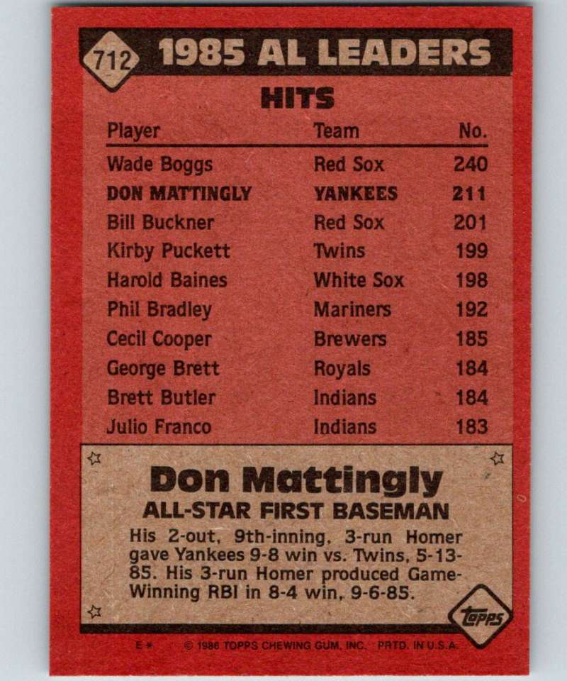 1986 Topps #712 Don Mattingly Yankees AS MLB Baseball