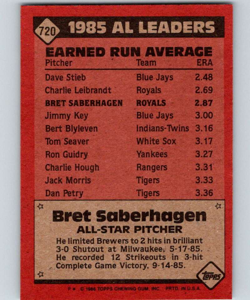 1986 Topps #720 Bret Saberhagen Royals AS MLB Baseball Image 2