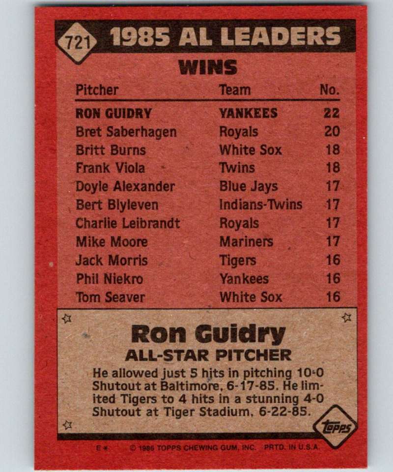 1986 Topps #721 Ron Guidry Yankees AS MLB Baseball Image 2