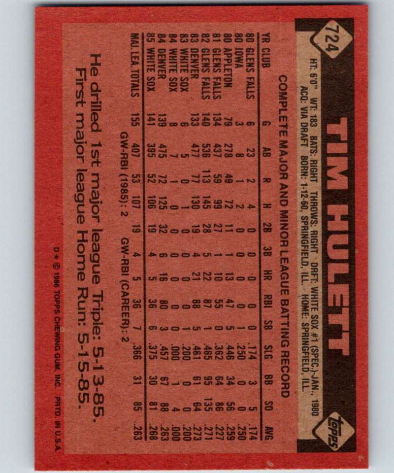 1986 Topps #724 Tim Hulett White Sox MLB Baseball