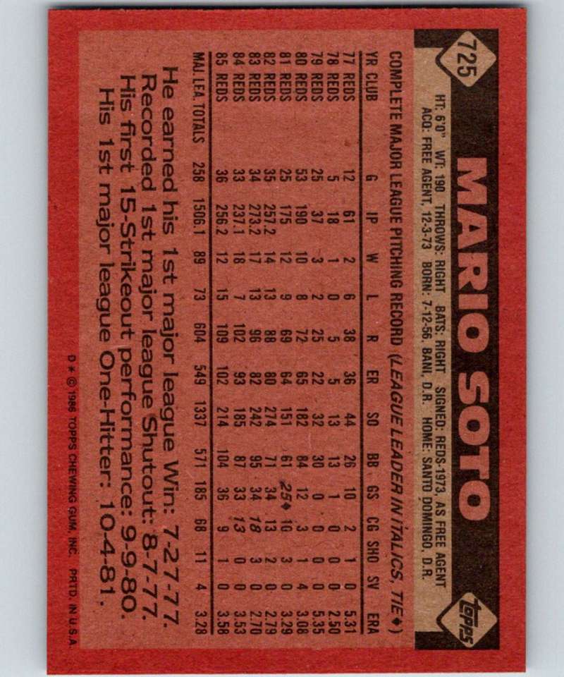 1986 Topps #725 Mario Soto Reds MLB Baseball Image 2