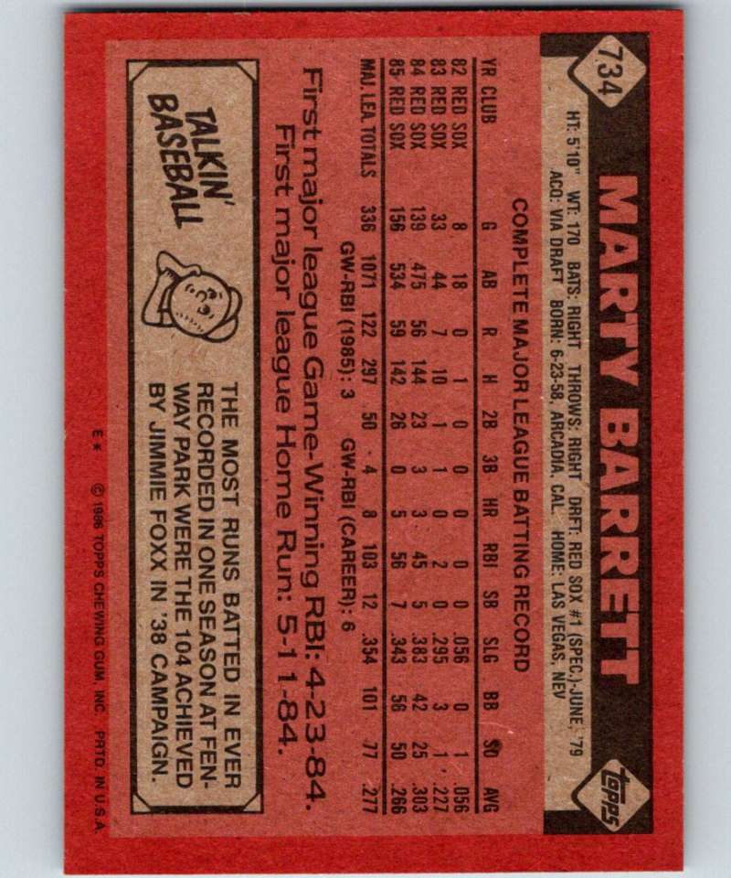 1986 Topps #734 Marty Barrett Red Sox MLB Baseball Image 2