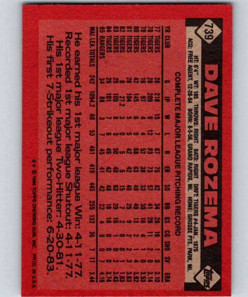 1986 Topps #739 Dave Rozema Rangers MLB Baseball Image 2