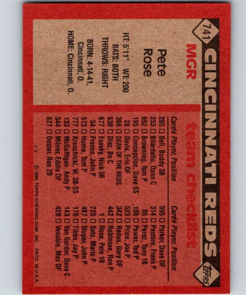 1986 Topps #741 Pete Rose Reds MG MLB Baseball Image 2