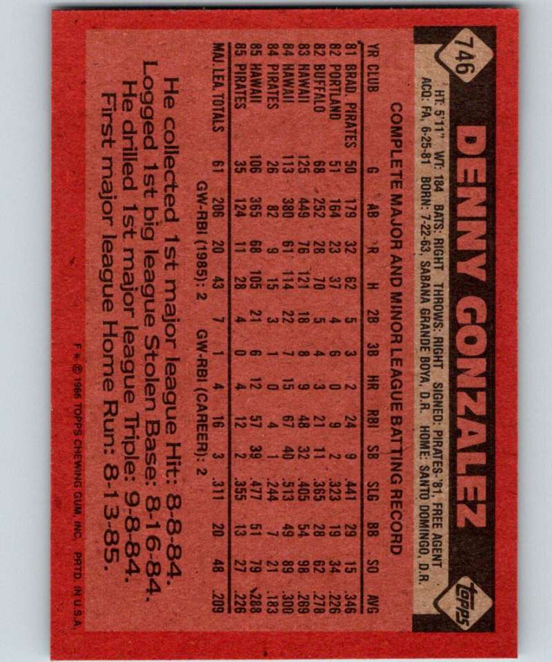 1986 Topps #746 Denny Gonzalez Pirates MLB Baseball Image 2