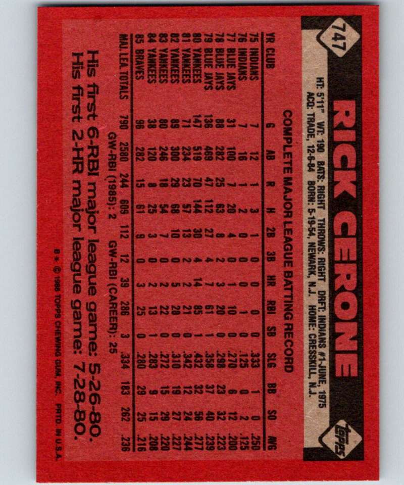 1986 Topps #747 Rick Cerone Braves MLB Baseball Image 2