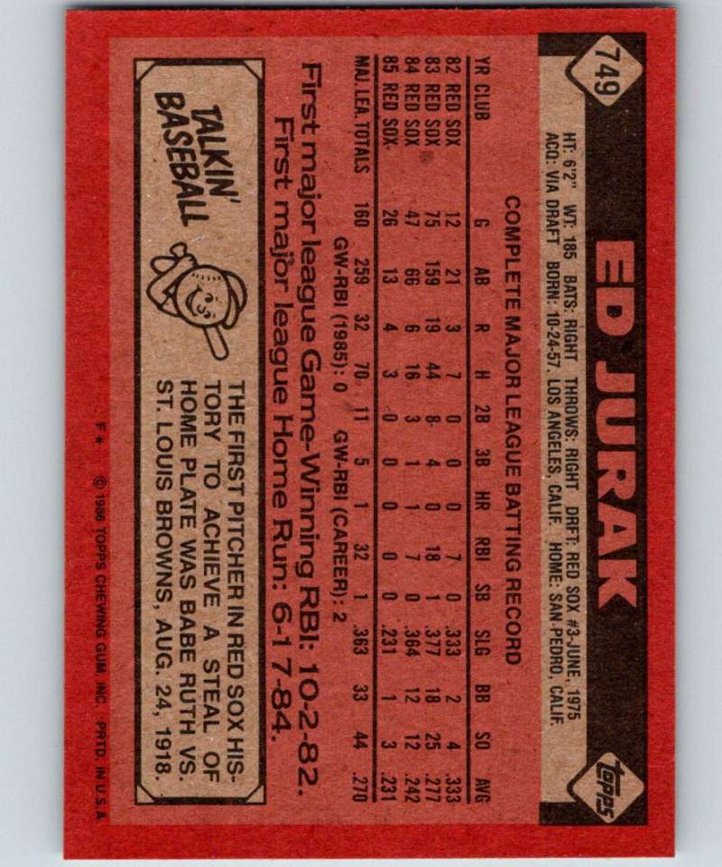 1986 Topps #749 Ed Jurak Red Sox MLB Baseball Image 2