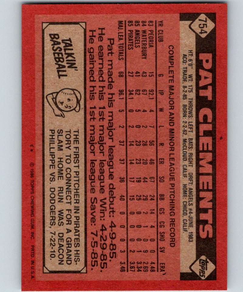 1986 Topps #754 Pat Clements RC Rookie Pirates MLB Baseball Image 2