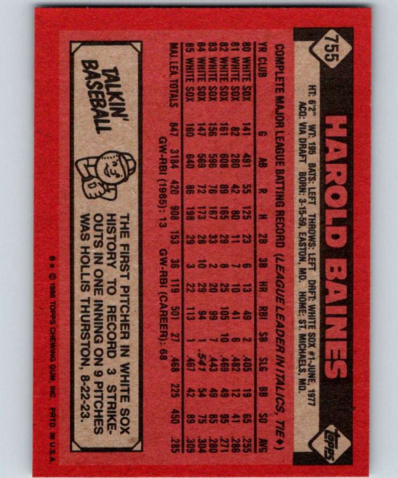 1986 Topps #755 Harold Baines White Sox MLB Baseball