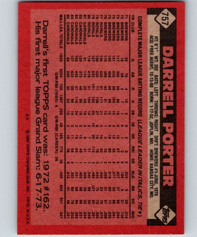 1986 Topps #757 Darrell Porter Cardinals MLB Baseball Image 2