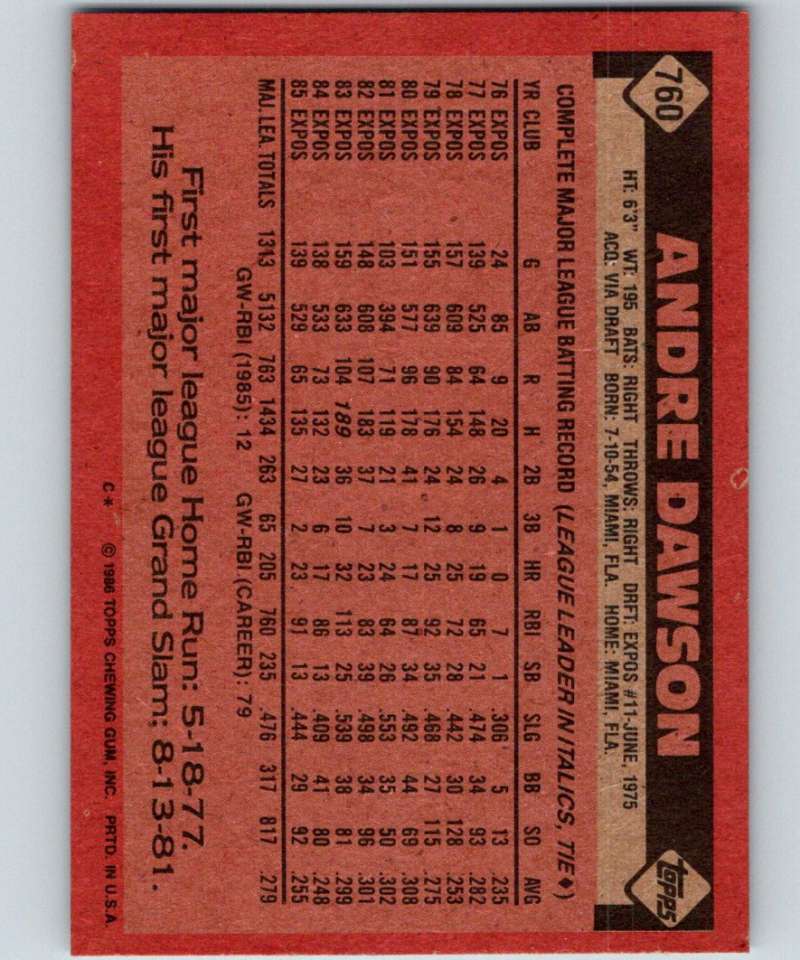 1986 Topps #760 Andre Dawson Expos MLB Baseball Image 2