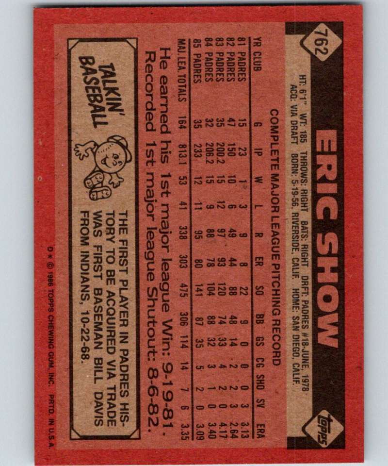 1986 Topps #762 Eric Show Padres MLB Baseball Image 2