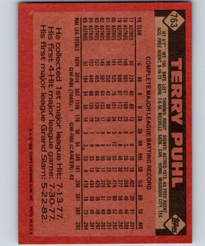 1986 Topps #763 Terry Puhl Astros MLB Baseball Image 2