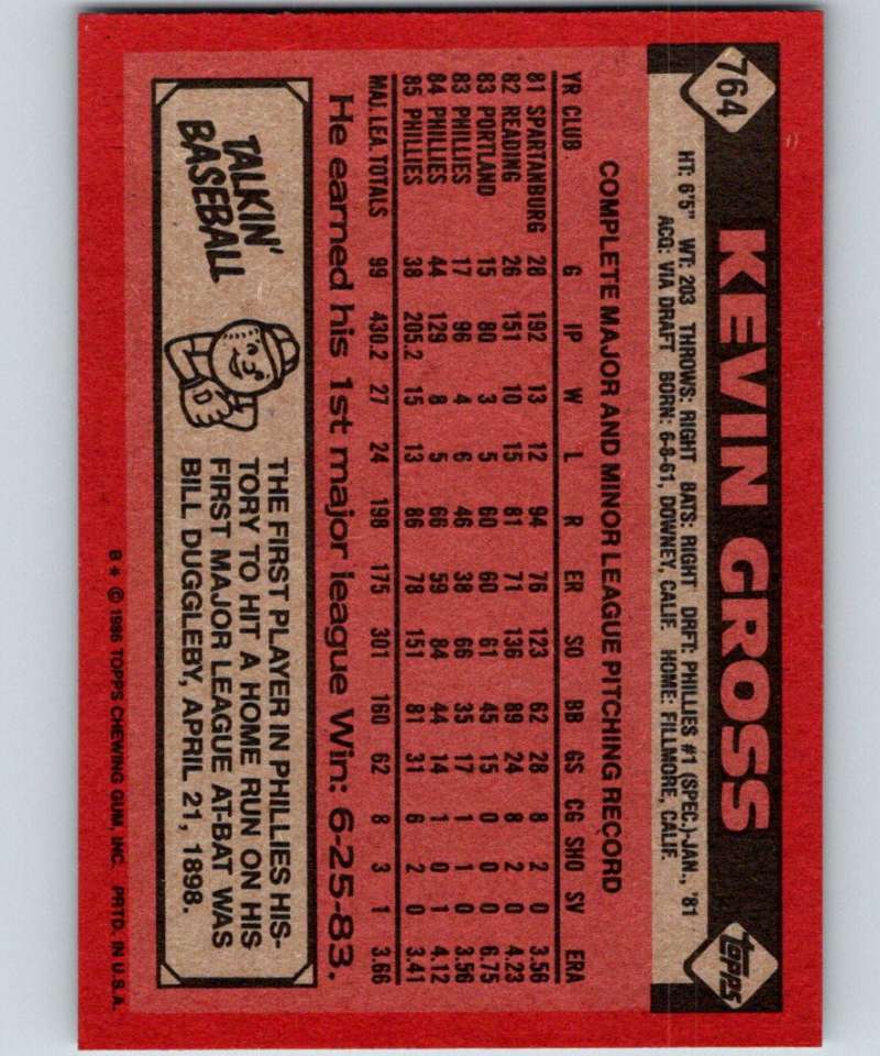 1986 Topps #764 Kevin Gross Phillies MLB Baseball Image 2