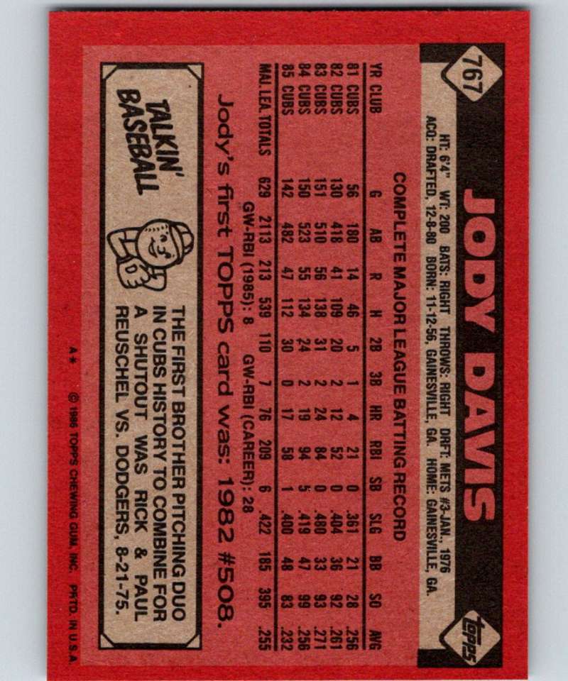 1986 Topps #767 Jody Davis Cubs MLB Baseball