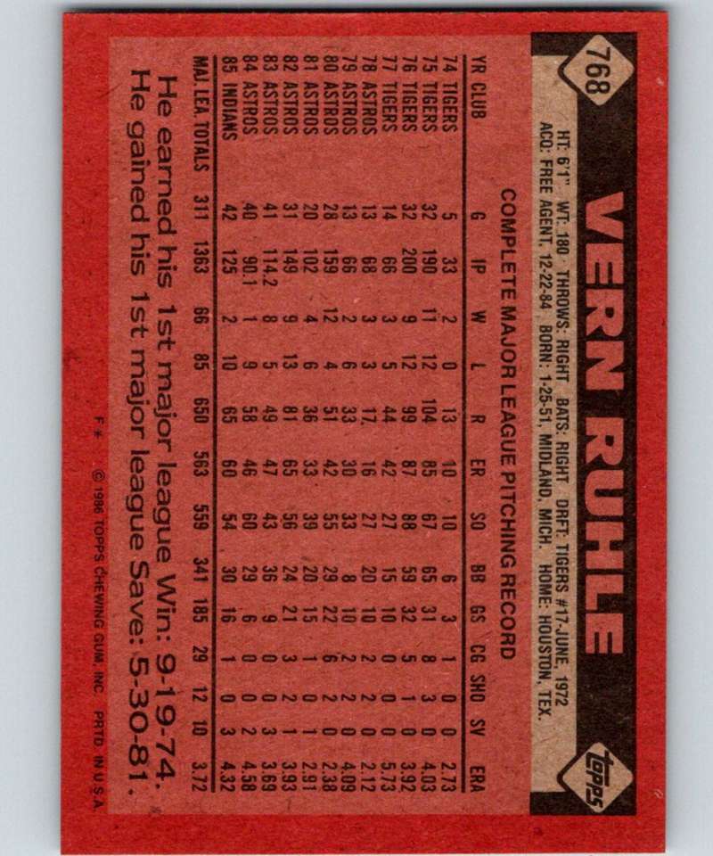 1986 Topps #768 Vern Ruhle Indians MLB Baseball