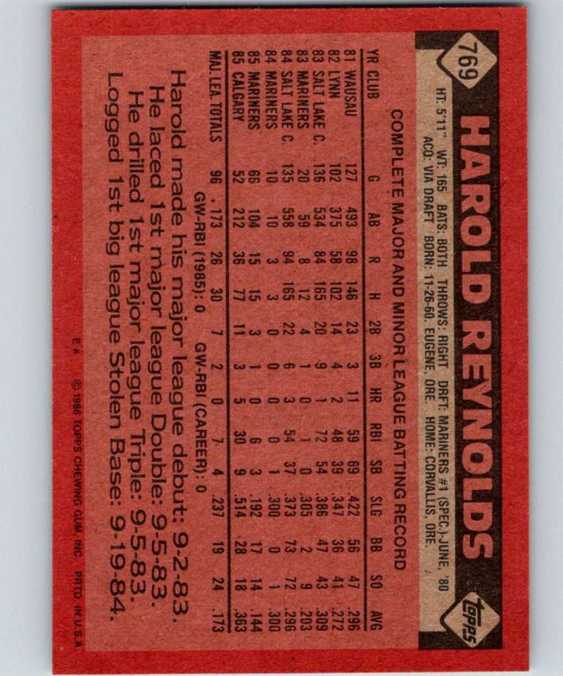 1986 Topps #769 Harold Reynolds RC Rookie Mariners MLB Baseball Image 2