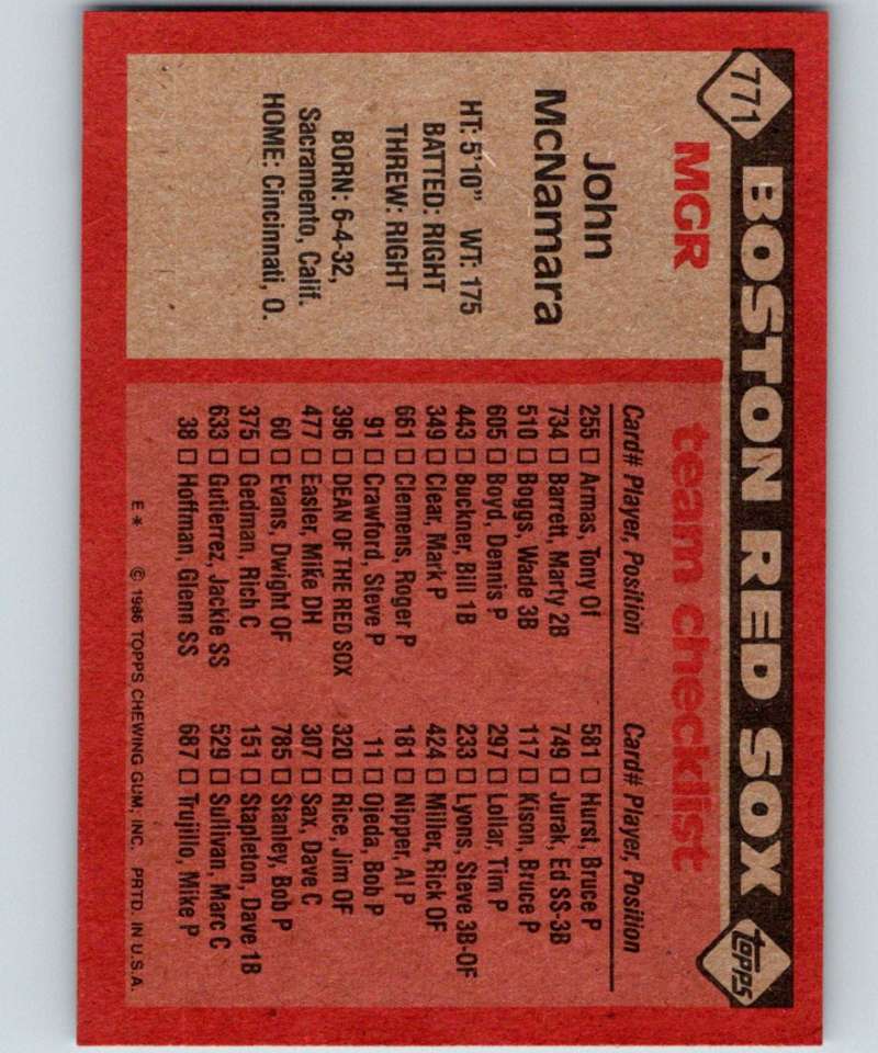 1986 Topps #771 John McNamara Red Sox MG MLB Baseball Image 2