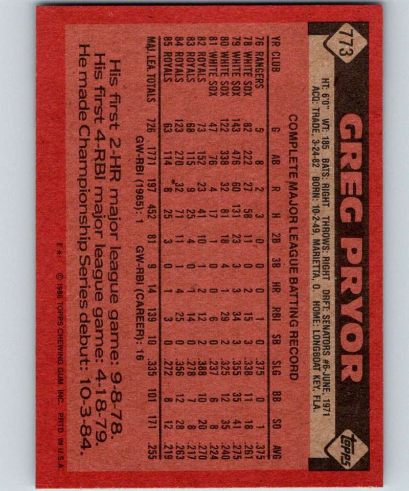 1986 Topps #773 Greg Pryor Royals MLB Baseball