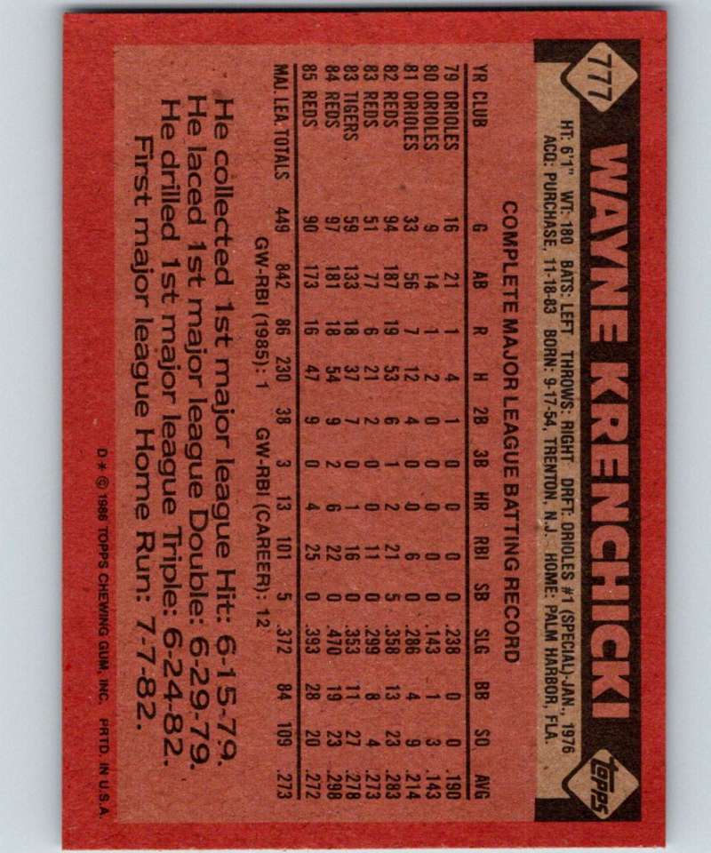 1986 Topps #777 Wayne Krenchicki Reds MLB Baseball Image 2