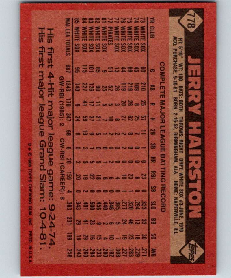 1986 Topps #778 Jerry Hairston White Sox MLB Baseball Image 2