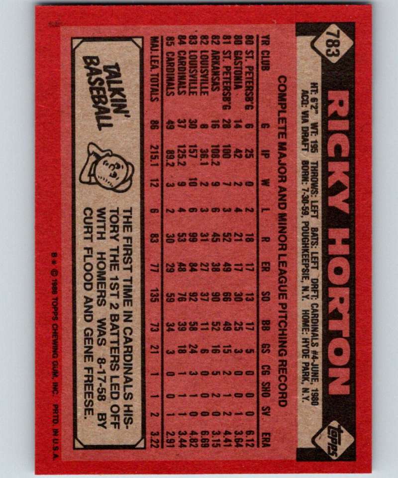 1986 Topps #783 Ricky Horton Cardinals MLB Baseball Image 2