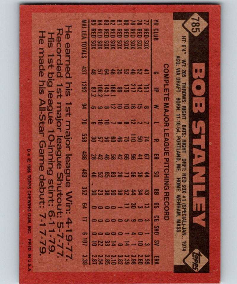 1986 Topps #785 Bob Stanley Red Sox MLB Baseball Image 2