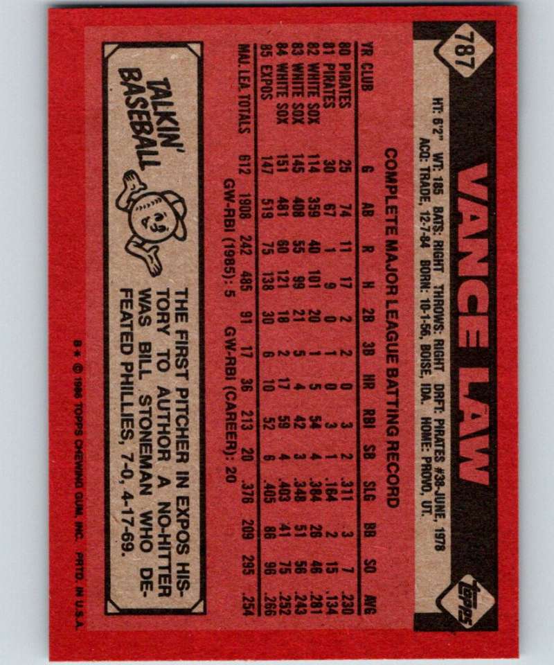 1986 Topps #787 Vance Law Expos MLB Baseball Image 2
