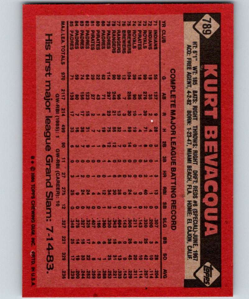 1986 Topps #789 Kurt Bevacqua Padres MLB Baseball Image 2