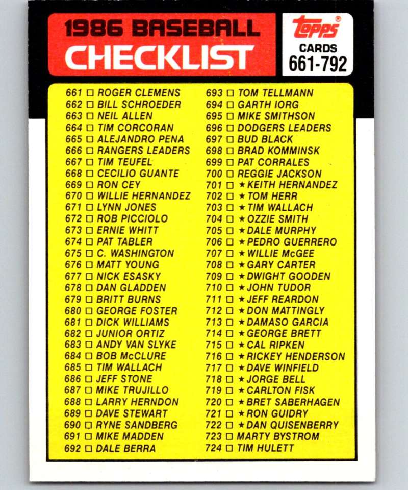 1986 Topps #791 Checklist 661-792 MLB Baseball Image 1
