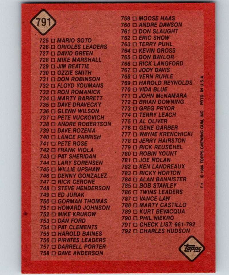1986 Topps #791 Checklist 661-792 MLB Baseball Image 2
