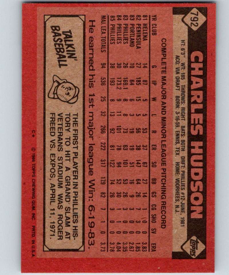 1986 Topps #792 Charles Hudson Phillies MLB Baseball Image 2
