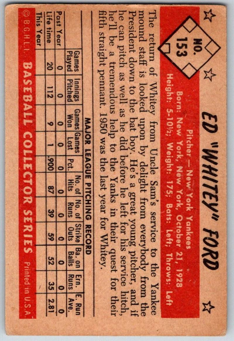 1953 Bowman Color #153 Whitey Ford Baseball Card - BV $800 - No Wrinkles Image 3