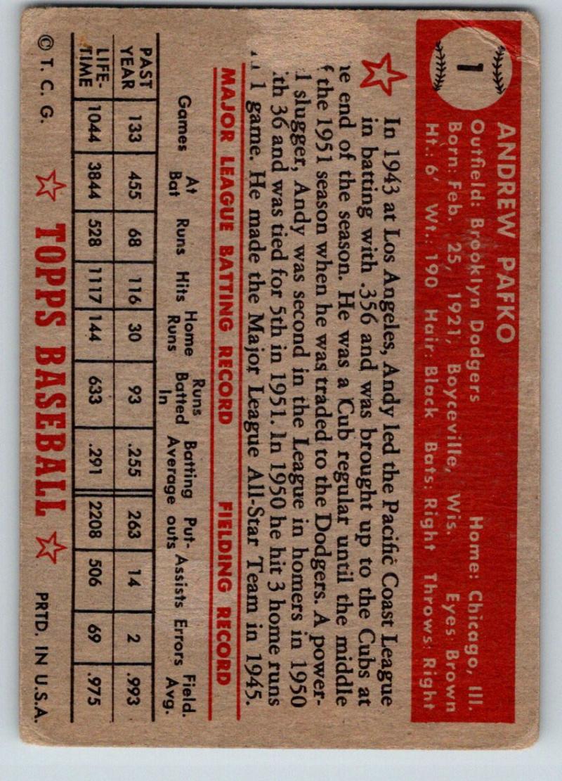 1952 Topps Red Back  #1 Andy Pafko Vintage Baseball Card - BV $5000 Image 3
