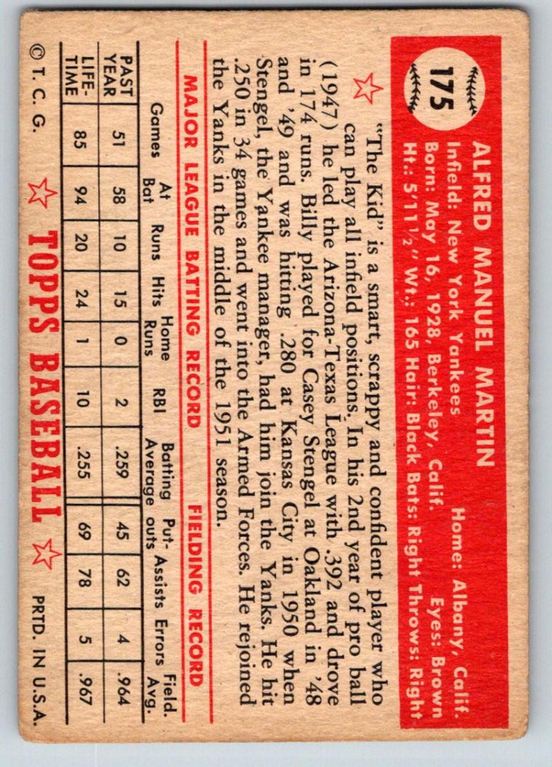 1952 Topps Red Back  #175 Billy Martin RC Rookie Vintage Baseball Card - BV $500