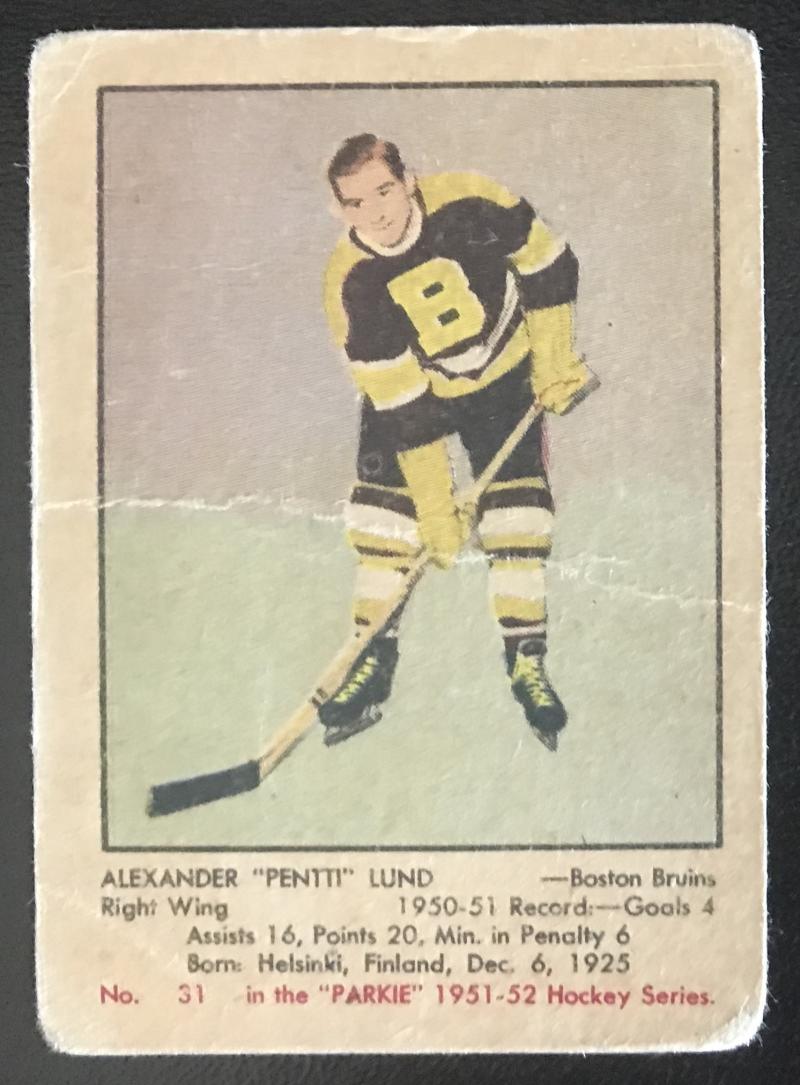1951-52 Parkhurst #31 Pentti Lund RC Rookie Bruins Vintage Hockey