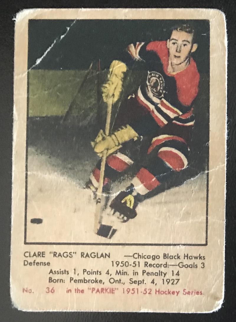 1951-52 Parkhurst #36 Clare Raglan RC Rookie Blackhawks Vintage Hockey