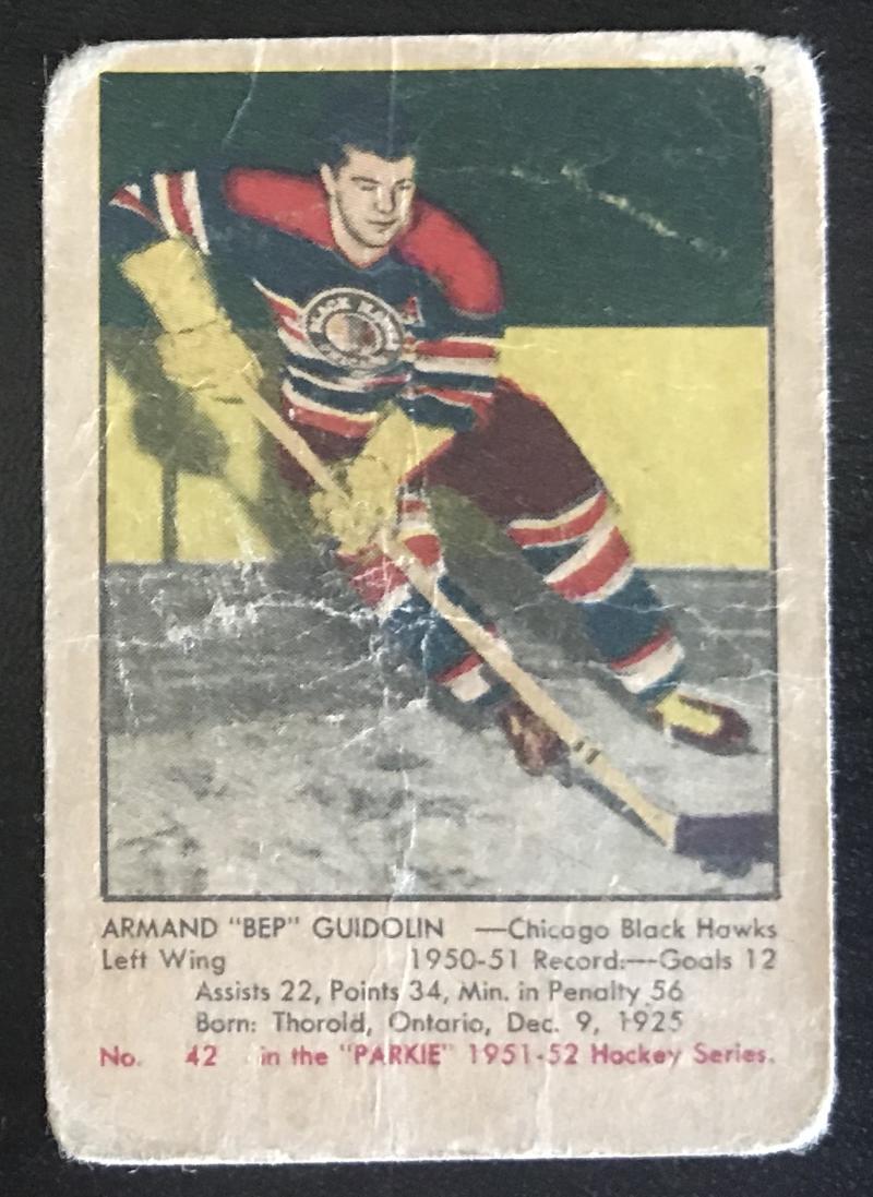 1951-52 Parkhurst #42 Bep Guidolin RC Rookie Blackhawks Vintage Hockey