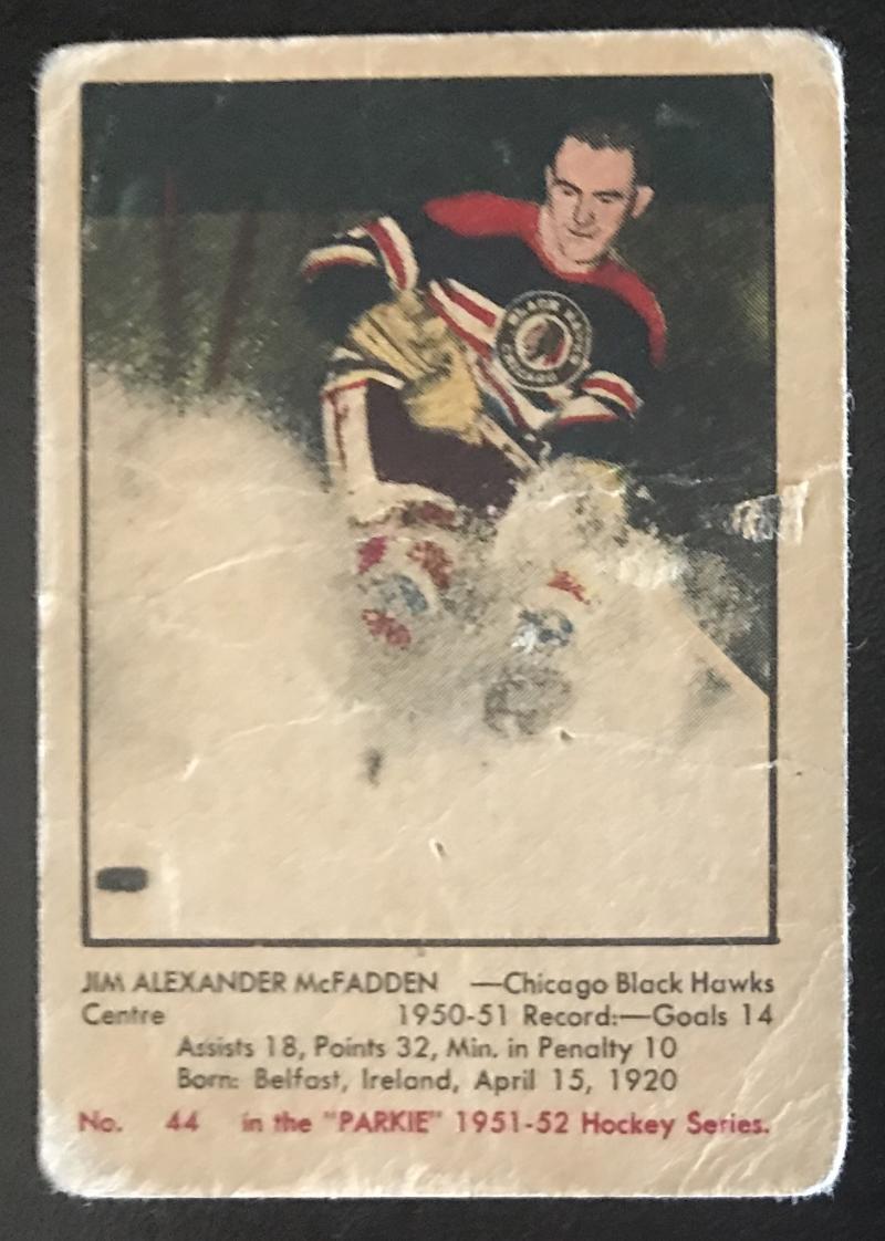 1951-52 Parkhurst #44 Jim McFadden RC Rookie Blackhawks Vintage Hockey